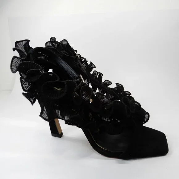 Gianni Bini Franz Sandals High Heels Size 6 Black Suede Chiffon Ruffle NEW - Picture 11 of 15